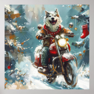 Alaskan Malamute Dog Riding Motorcycle Christmas  Poster