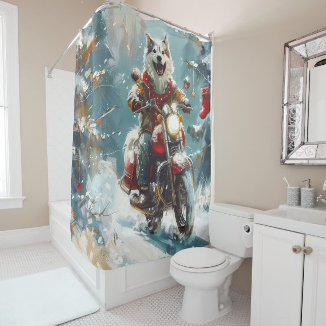 Alaskan Malamute Dog Riding Motorcycle Christmas  Shower Curtain (In Situ)