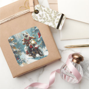 Alaskan Malamute Dog Riding Motorcycle Christmas  Square Sticker