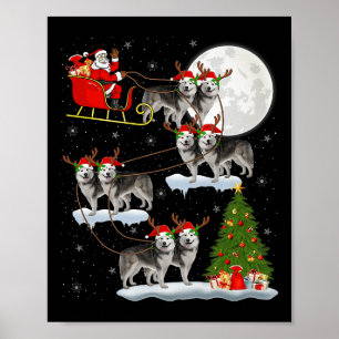 Alaskan Malamute Dog Santa Sleigh Flying Funny Chr Poster