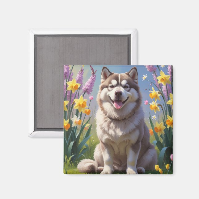 Alaskan Malamute Dog Spring Flowers Painting  Magnet (Front/Back)