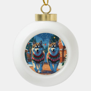 Alaskan Malamute Dogs Christmas Snow Holiday Ceramic Ball Christmas Ornament