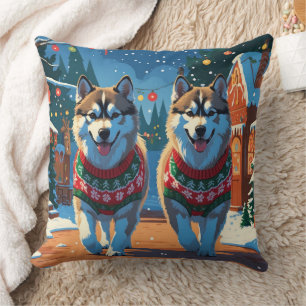 Alaskan Malamute Dogs Christmas Snow Holiday Cushion