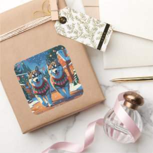 Alaskan Malamute Dogs Christmas Snow Holiday  Square Sticker