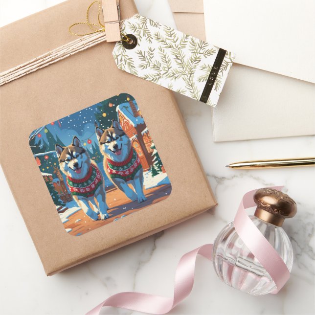 Alaskan Malamute Dogs Christmas Snow Holiday  Square Sticker (Gifting)