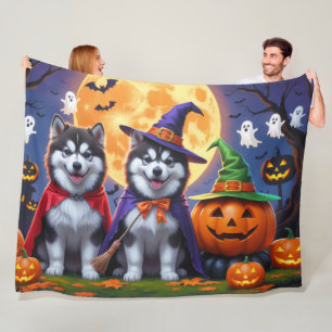 Alaskan Malamute Dogs Pumpkin Halloween Funny Fleece Blanket