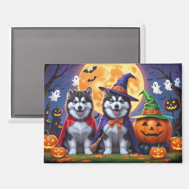 Alaskan Malamute Dogs Pumpkin Halloween Funny  Magnet (Front/Back)