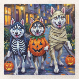 Alaskan Malamute Dogs Trick-or-Treating Halloween Glass Coaster