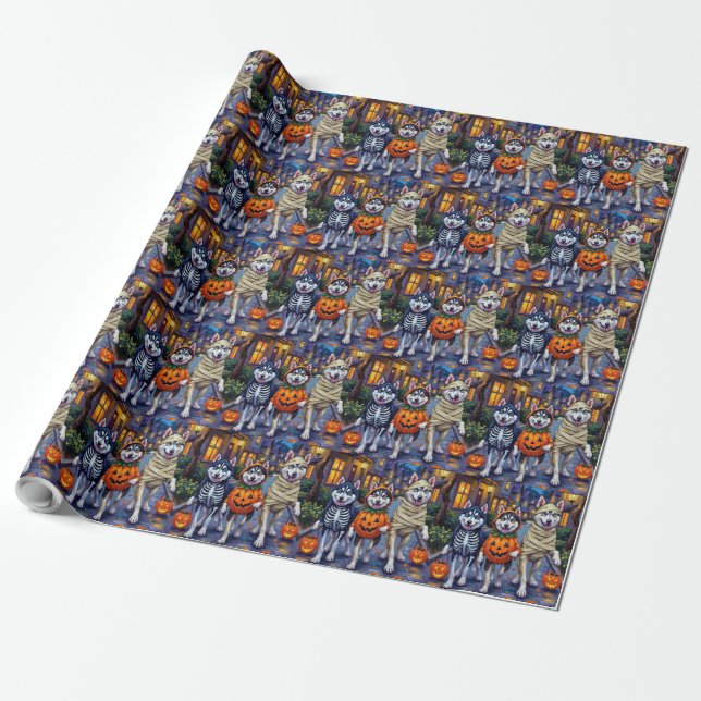 Alaskan Malamute Dogs Trick-or-Treating Halloween  Wrapping Paper (Unrolled)
