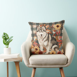 Alaskan Malamute Fall Watercolor Flowers Cushion