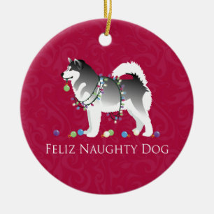 Alaskan Malamute Feliz Naughty Dog Christmas Ceramic Tree Decoration