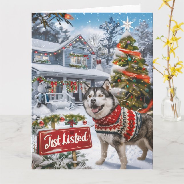 Alaskan Malamute Festive Humour Realtor Christmas Card (Yellow Flower)