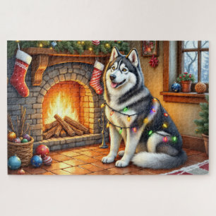 Alaskan Malamute Fireplace with Christmas Lights Jigsaw Puzzle