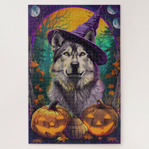  Alaskan Malamute Halloween Witch and Pumpkin  Jigsaw Puzzle