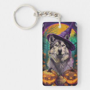 Alaskan Malamute Halloween Witch and Pumpkin Key Ring