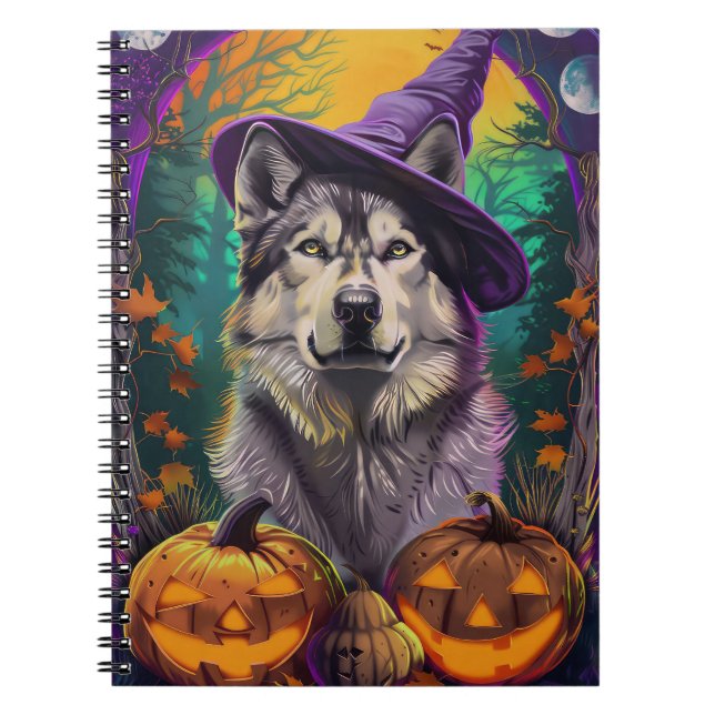 Alaskan Malamute Halloween Witch and Pumpkin  Notebook (Front)
