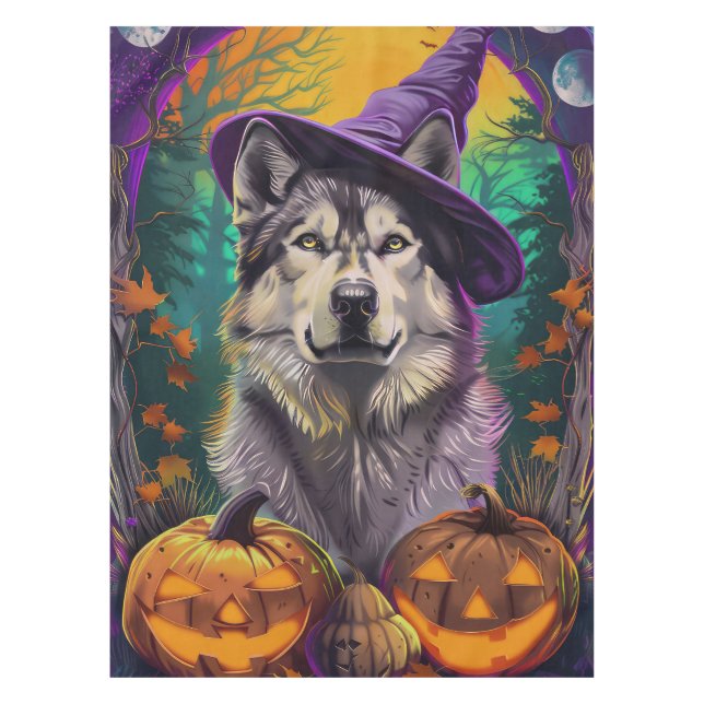  Alaskan Malamute Halloween Witch and Pumpkin  Tablecloth (Front)