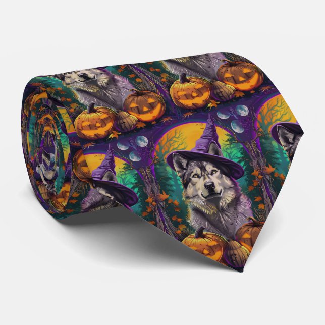  Alaskan Malamute Halloween Witch and Pumpkin  Tie (Rolled)