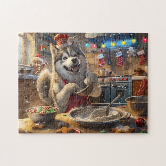Alaskan Malamute Holiday Baking: Festive Christmas Jigsaw Puzzle (Horizontal)