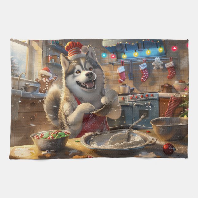 Alaskan Malamute Holiday Baking: Festive Christmas Tea Towel (Horizontal)