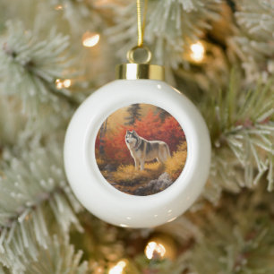 Alaskan Malamute in Autumn Leaves Fall Inspired Ceramic Ball Christmas Ornament