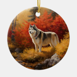Alaskan Malamute in Autumn Leaves Fall Inspired Ceramic Ornament