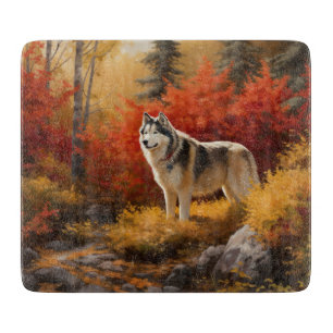Alaskan Malamute in Autumn Leaves Fall Inspired Cutting Board