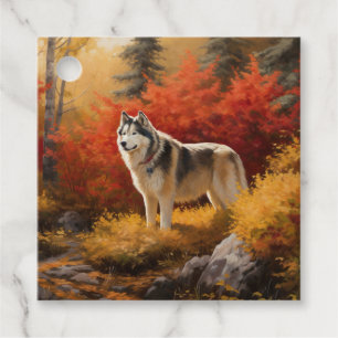 Alaskan Malamute in Autumn Leaves Fall Inspired Favour Tags