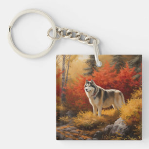 Alaskan Malamute  in Autumn Leaves Fall Inspired  Key Ring