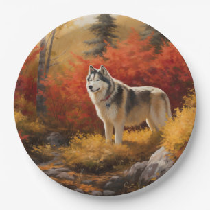 Alaskan Malamute in Autumn Leaves Fall Inspired Paper Plate