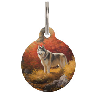 Alaskan Malamute  in Autumn Leaves Fall Inspired  Pet Tag