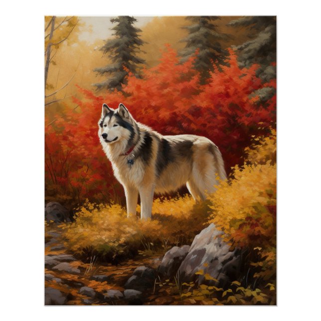 Alaskan Malamute  in Autumn Leaves Fall Inspired  Poster (Front)