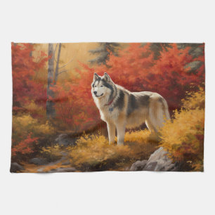 Alaskan Malamute in Autumn Leaves Fall Inspired Tea Towel