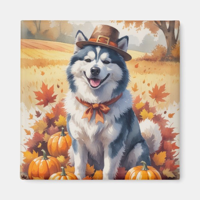 Alaskan Malamute in Autumn Leaves Thanksgiving Art Magnet (Front)