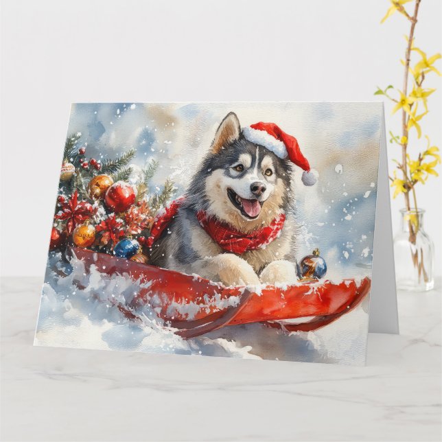 Alaskan Malamute in Sledge Let it Snow Christmas Card (Yellow Flower)