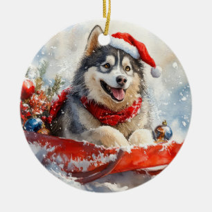 Alaskan Malamute in Sledge Let it Snow Christmas Ceramic Ornament