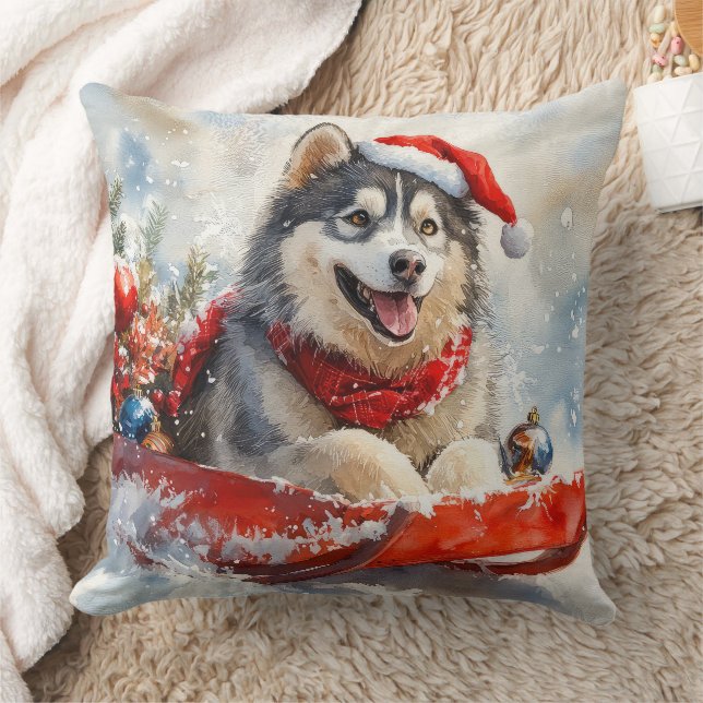 Alaskan Malamute in Sledge Let it Snow Christmas Cushion (Blanket)
