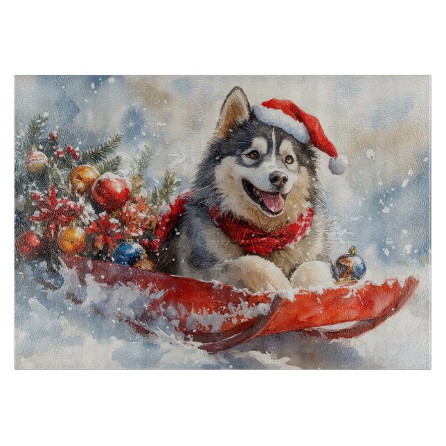 Alaskan Malamute in Sledge Let it Snow Christmas Cutting Board (Front)