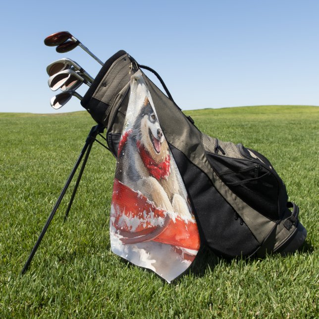 Alaskan Malamute in Sledge Let it Snow Christmas Golf Towel (Green)