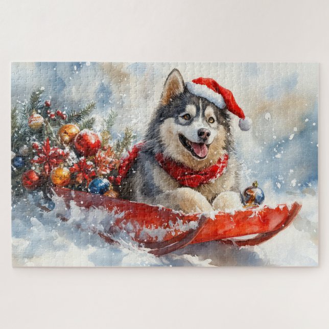 Alaskan Malamute in Sledge Let it Snow Christmas Jigsaw Puzzle (Horizontal)