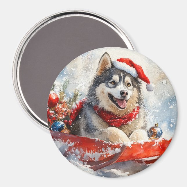 Alaskan Malamute in Sledge Let it Snow Christmas Magnet (Front/Back)