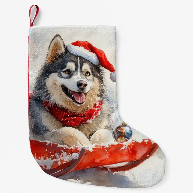 Alaskan Malamute in Sledge Let it Snow Christmas Small Christmas Stocking (Front)