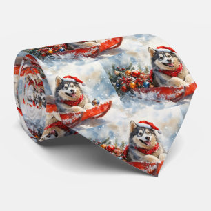 Alaskan Malamute in Sledge Let it Snow Christmas Tie