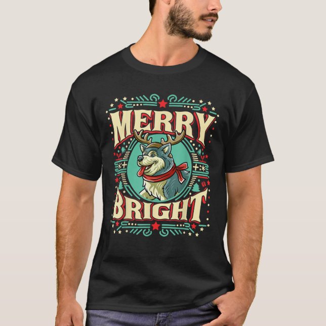 Alaskan Malamute Merry Bright Christmas Santa Clau T-Shirt (Front)