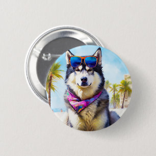 Alaskan Malamute on Beach, summer gift 6 Cm Round Badge
