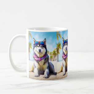 Alaskan Malamute on Beach, summer gift Coffee Mug