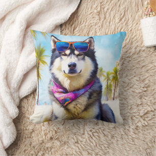 Alaskan Malamute on Beach, summer gift Cushion