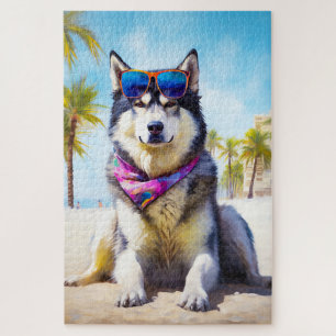 Alaskan Malamute on Beach, summer gift Jigsaw Puzzle