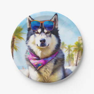 Alaskan Malamute on Beach, summer gift Paper Plate