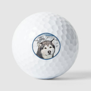 Alaskan Malamute Painting - Cute Original Dog Art Golf Balls